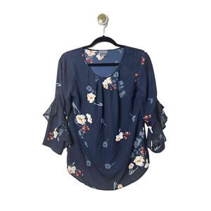 Van Heusen Blouse Womens Size Medium Navy Floral Bell Ruffle Sleeves